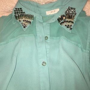 Embellished Mint Green Sleeveless Blouse Top